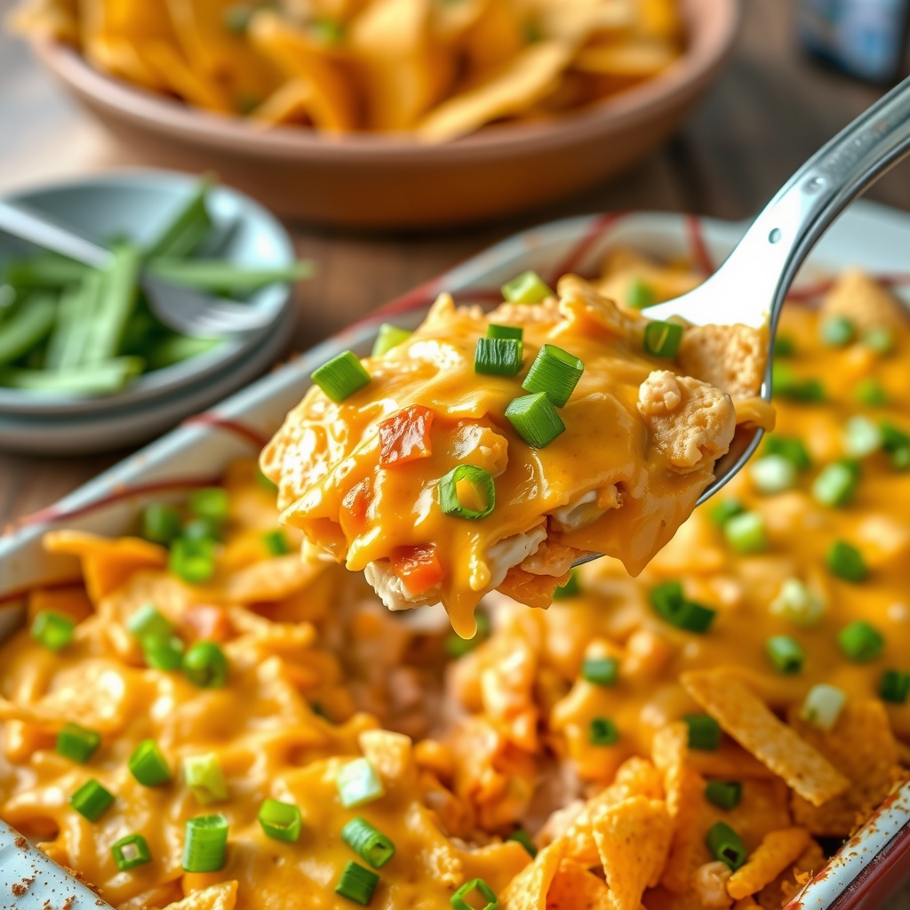 Delicious buffalo ranch chicken casserole topped with cheese and tortilla chips, garnished with green onions.